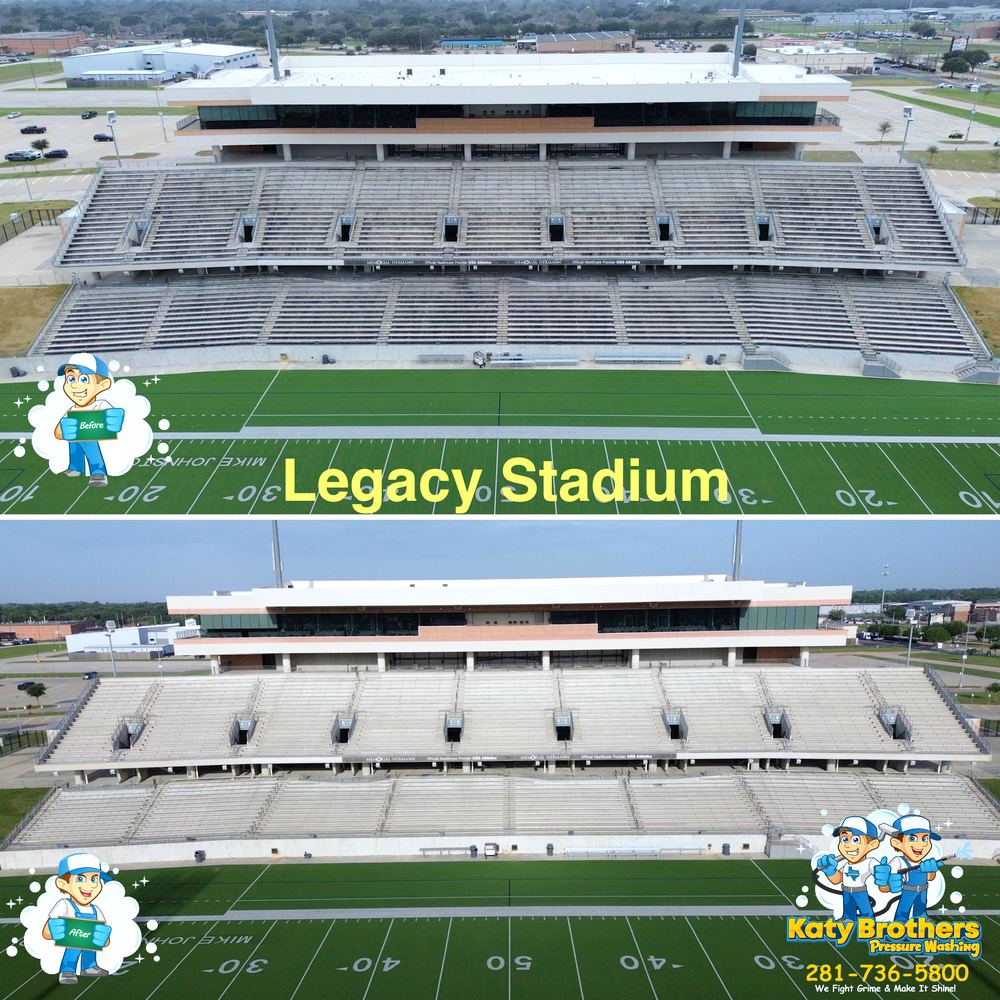 Legacy Stadium in Katy before and after cleaning, Katy Brothers Pressure Washing